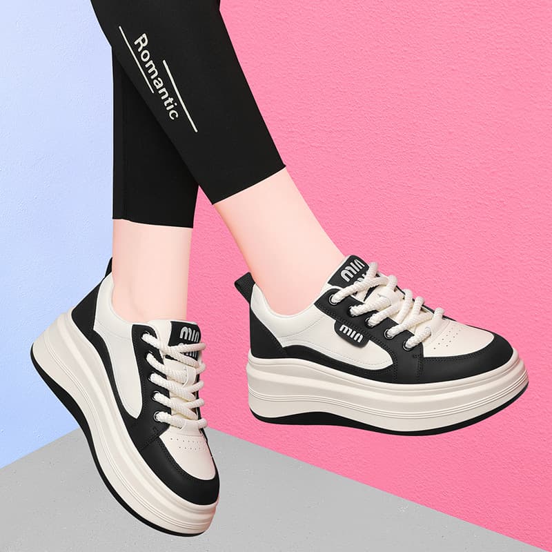 Genuine Leather Casual Sneakers for Women, Chunky Dad Shoes, Flat Thick Sole, 2024 Spring Autumn, Women's Sports Shoes
