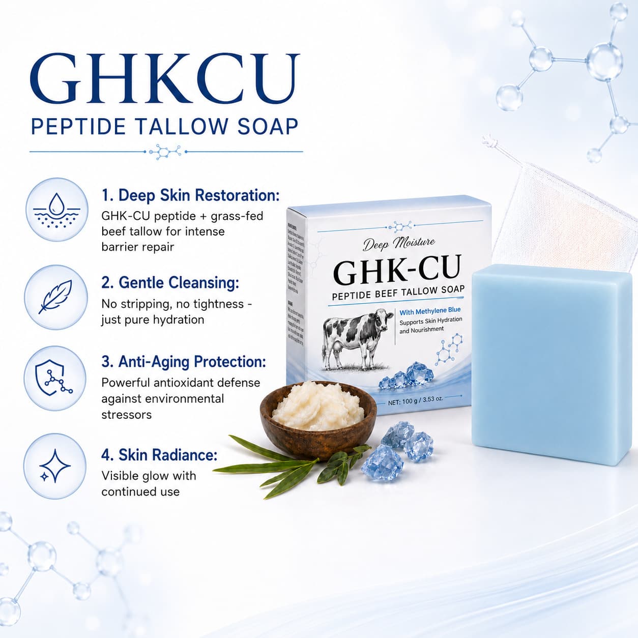 Cross-border Export GHK-Cu Blue Copper Peptide Shea Butter Soap, Hydrating, Moisturizing, Facial Refreshing, Handmade Shea Butter Essential Oil Soap