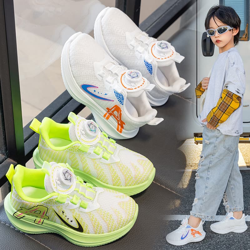 New boys' and children's shoes, spring and autumn mesh breathable sports shoes, buttons, students' ultra-light soft-soled running shoes for little boys