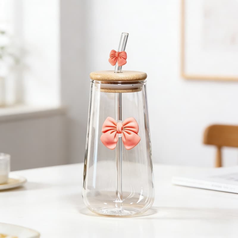 Customized bow-knot chubby straw cup for daily drinking, heat-resistant borosilicate glass material cute glass cup