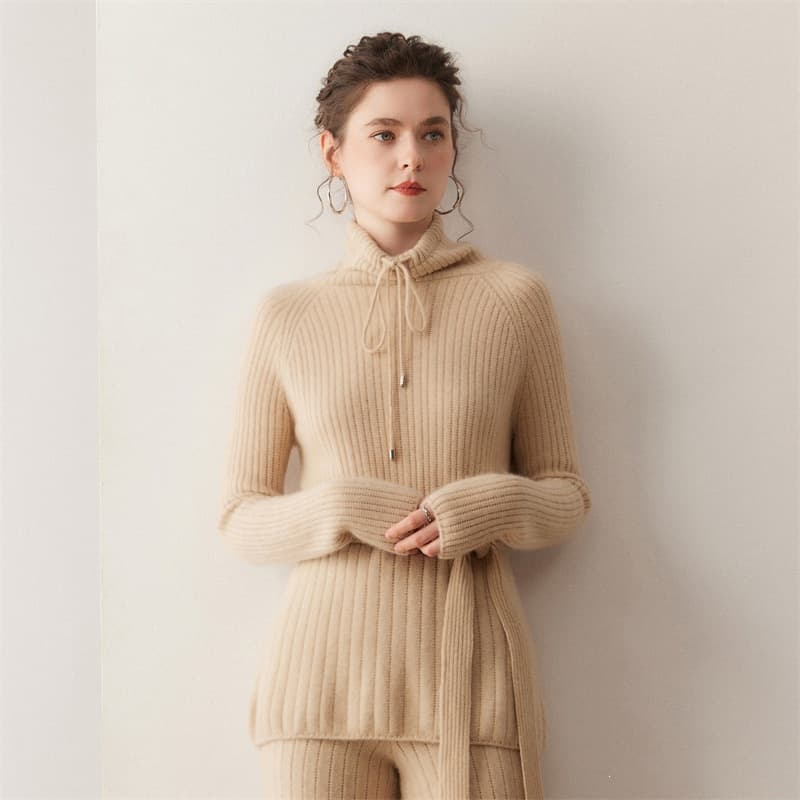 Autumn/Winter Cashmere Set for Women: Mock Neck Knit Sweater and Wide-Leg Pants Fashion Two-Piece Set with Flowing Trousers