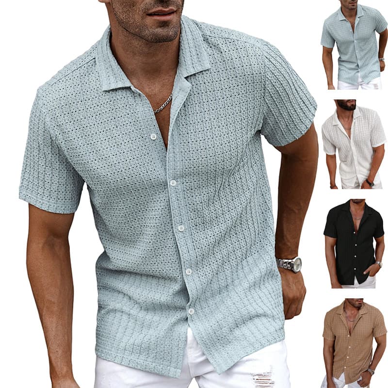 Cross-border Men's European and American Summer New Button-Down Shirt with Cooling Breathable Hole Design Casual T-Shirt