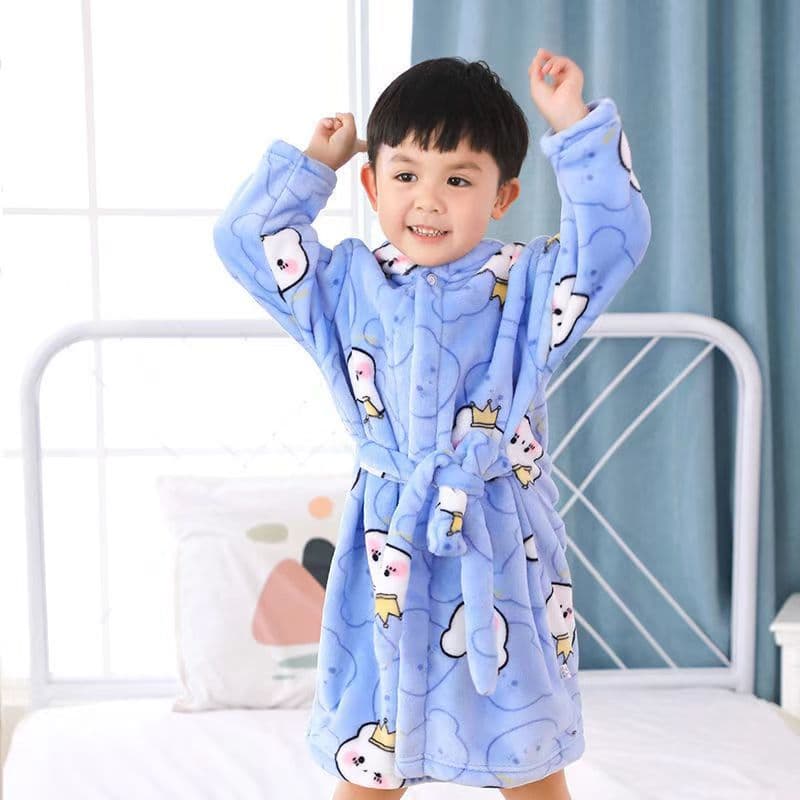 Children's Sleep Robe Nightgown with Hat Cartoon Pattern Flannel Bath Towel Home Clothes for Middle and Big Kids Winter Season