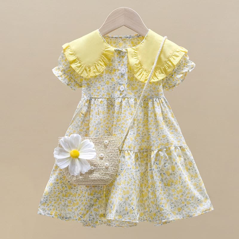 Princess Style Floral Print Summer Dress for Girls 3 Years Old Cute Short Sleeve Skirt Soft Polyester Fabric Cake Skirt Shape