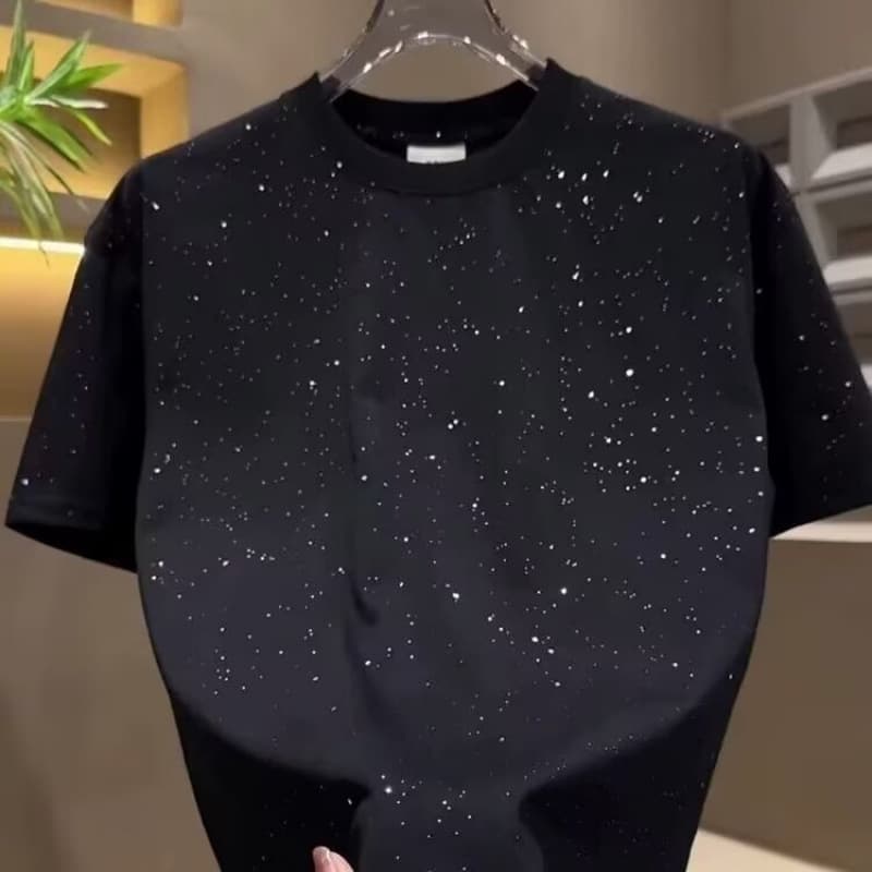 2026 new summer men's baby's breath sequined short-sleeved T-shirt European fashion casual versatile trendy bottoming shirt