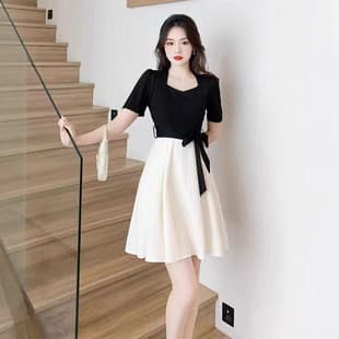 Improved version, please check the actual product before ordering. Year's trendy French Hepburn-style fashion dress with design, high-waist.