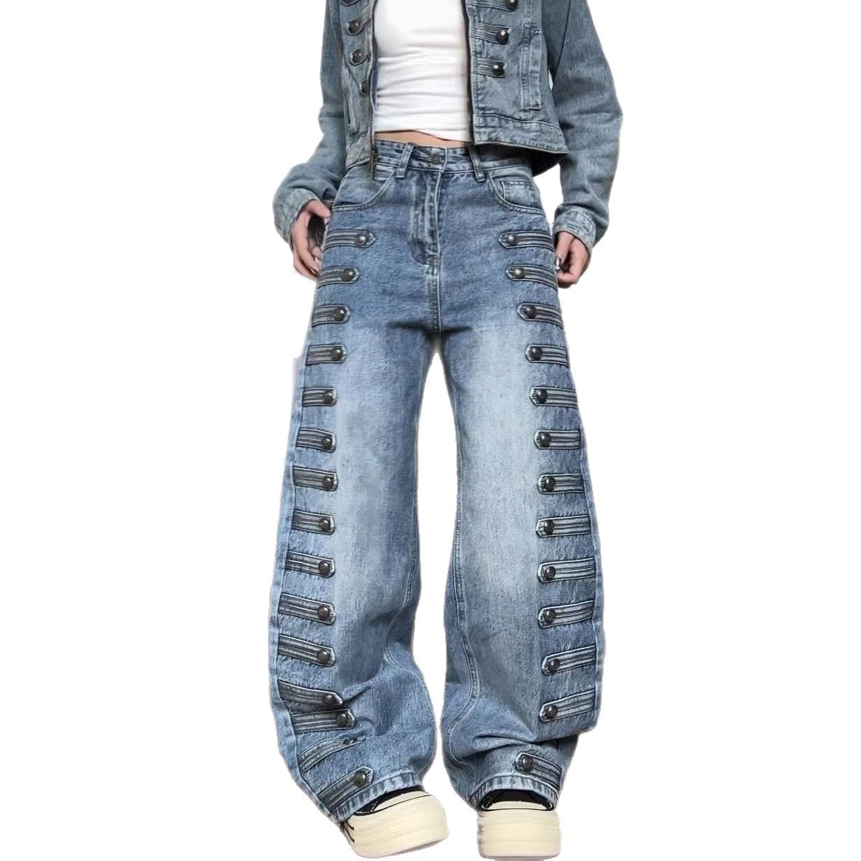 American Vintage Plus Size Washed Palace Metal Button Jeans for Women Street Straight Loose Wide Leg Pants