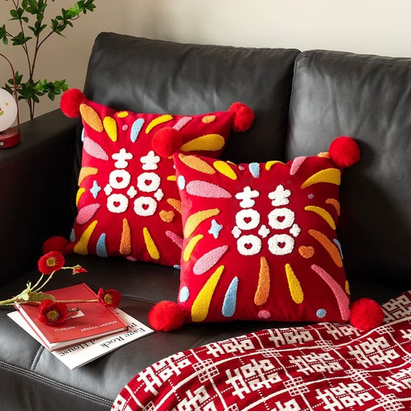 Embroidered Double Happiness Wedding Pillow Pair, Red Cushion as Newlywed Gift for Sofa or Bed
