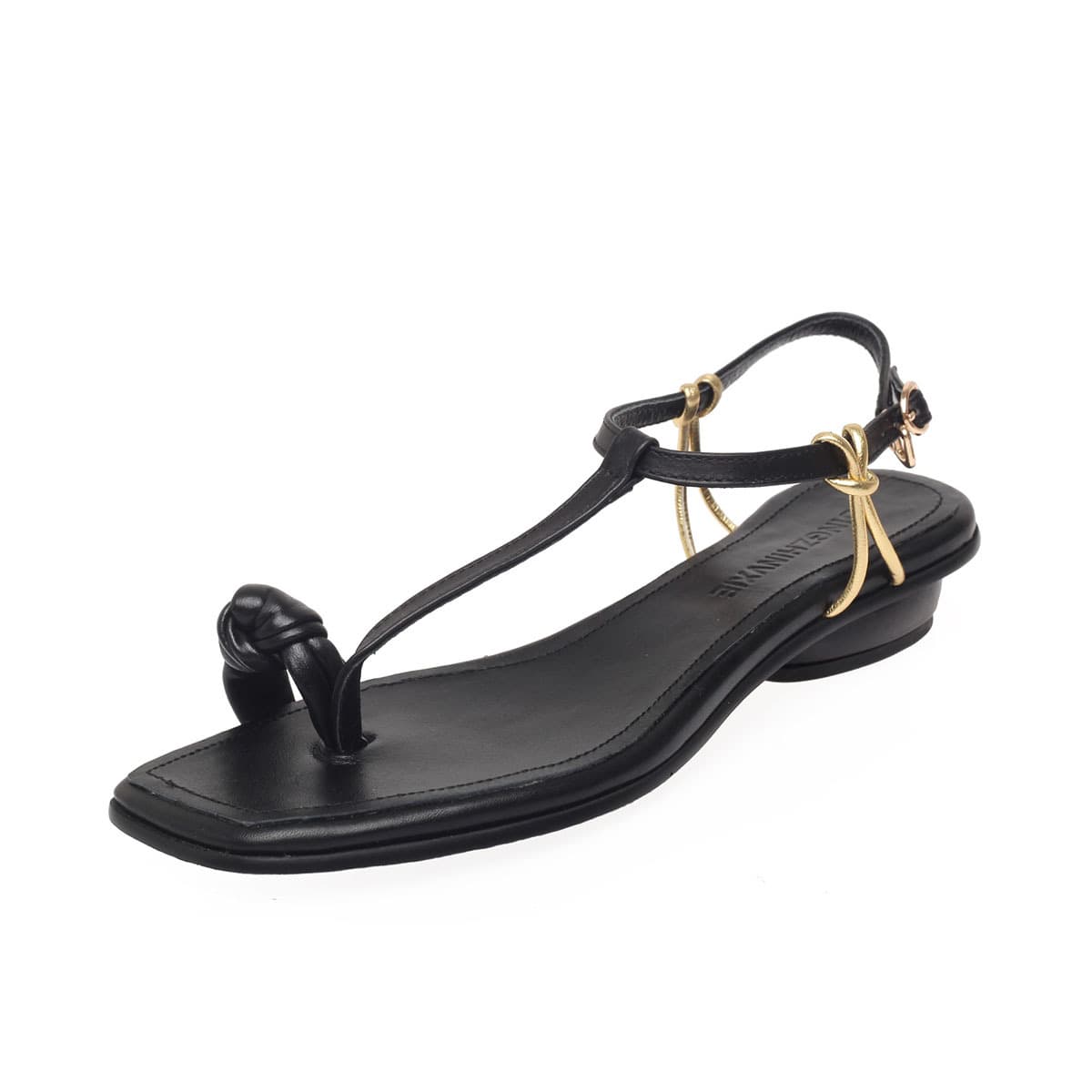 Summer Black Top Layer Cowhide Toe-post Sandals, Square Toe Low Heel Open Toe T-strap Sandals, Plus Size Casual Beach Sandals
