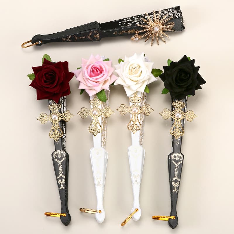 Retro Palace Style Lace Fan Gorgeous Retro European Rose Folding Fan Tea Party Style Dark Comic Exhibition Photo Props