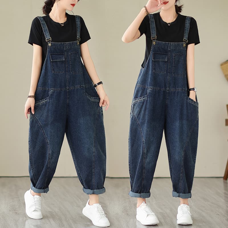 2023 Autumn New Plus Size Women's Clothing, Loose Fit, Slimming Dark Blue Denim Overalls, Fashionable Jumpsuit