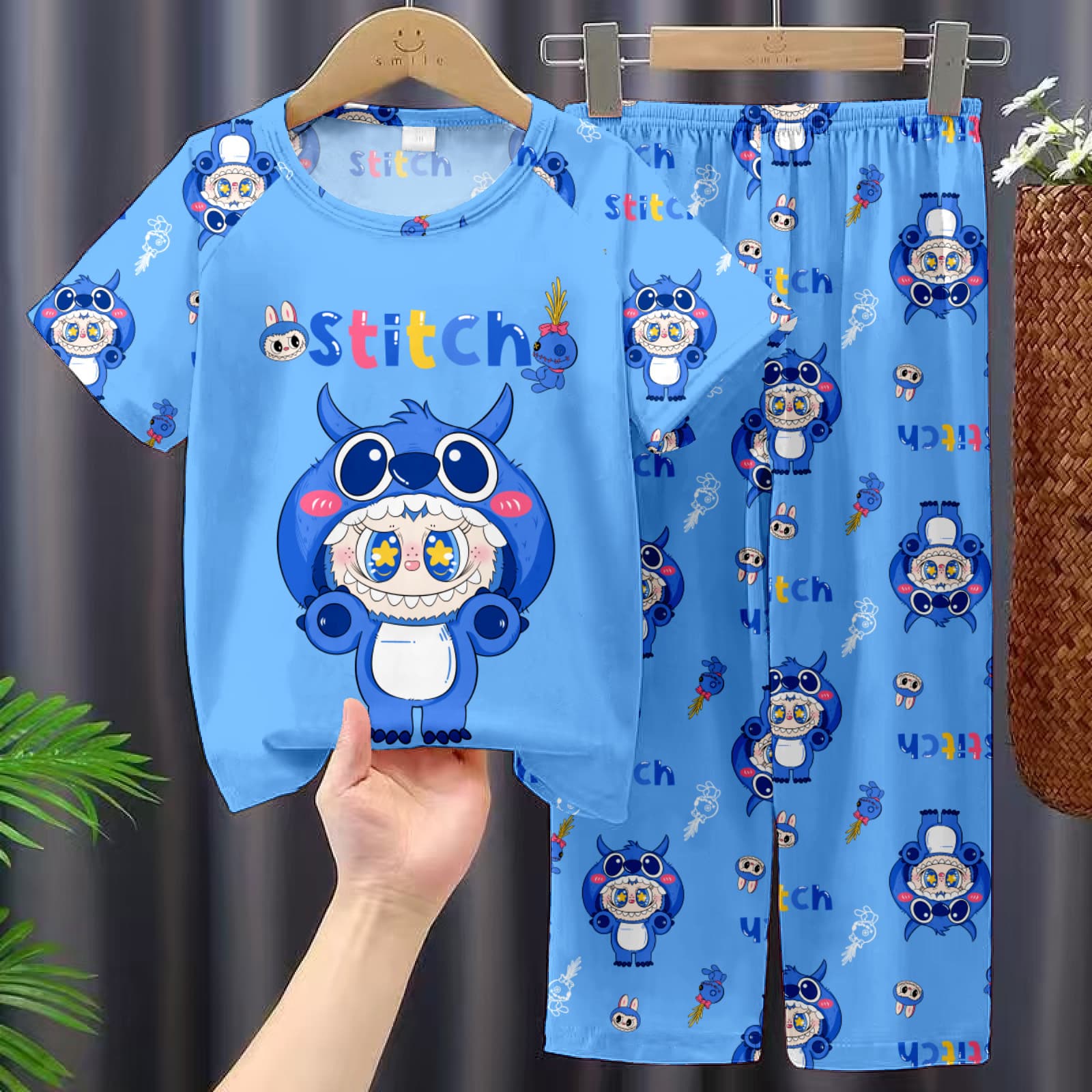 New Spring Summer Set Cartoon Short Sleeve Long Pants Boys Girls Older Kids Stitch Pajamas Loungewear Cross-border Wholesale