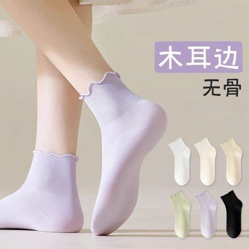 Zhuji Women's Mid-Calf Socks Summer Thin Short Socks Pure Cotton Short Tube Socks for Women with Slippers Sweet Lace Trim