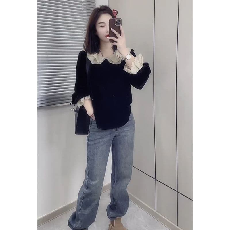 Base Layer 2024 Spring Blouse, Chic French Babydoll Style, Loose Comfortable Elegant Long Sleeve Top