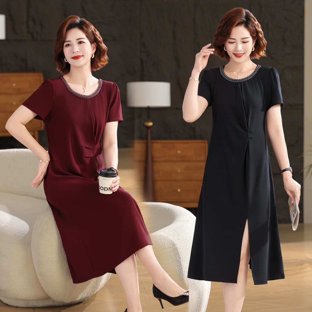 2025 Summer New Style Middle-Aged Mother's Dress, Elegant Short-Sleeved Dress, Slimming and Flattering, Knee-Length Skirt