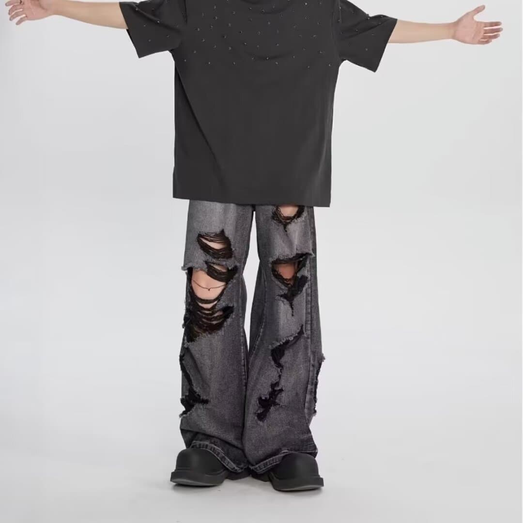 American Style High Street Ripped Jeans Unisex Loose Old Wide Leg Pants American Style Straight Mop Pants Couple Jeans