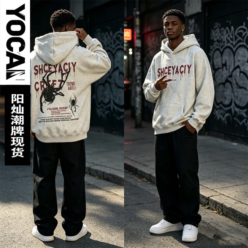 American high street spider print hooded sweatshirt for men in autumn and winter plus velvet loose trendy brand couple wear high-end jacket