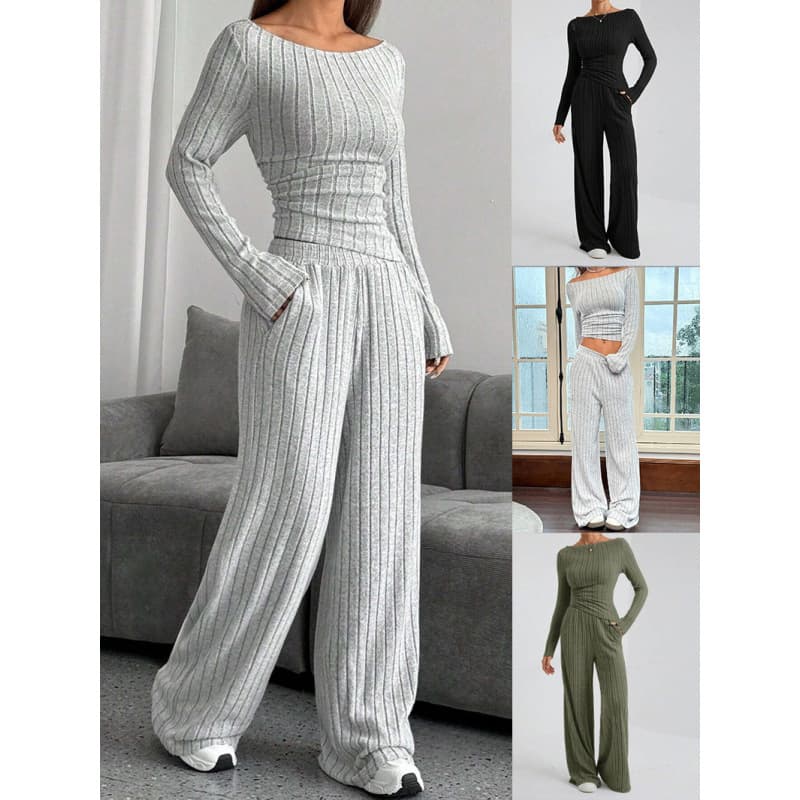 Overseas Trade Europe America Cross-border 2025 Autumn Winter Casual Solid Color High Neck Knit Long Sleeve Set Women Loose Pants Two-Piece Set