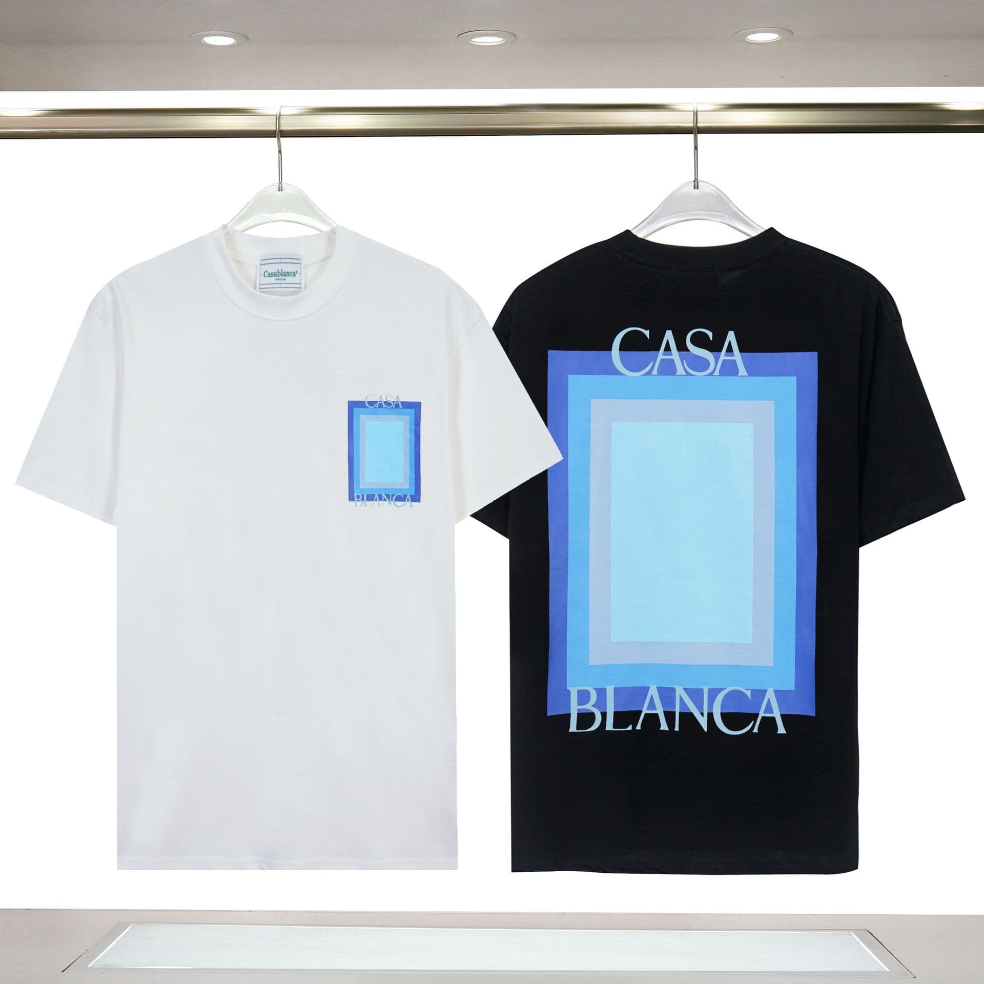 CASA Men's Clothing Cross-Border New Casablanca Blue Square Gradient Letter Logo Print Loose Short Sleeve T-Shirt