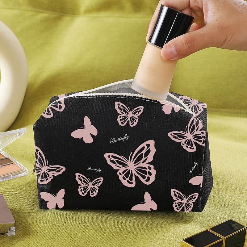 Amazon Bestseller Black Background Pink Butterfly Women's Makeup Bag Corduroy Cosmetic Storage Bag Octagonal Large Breathable Lightweight