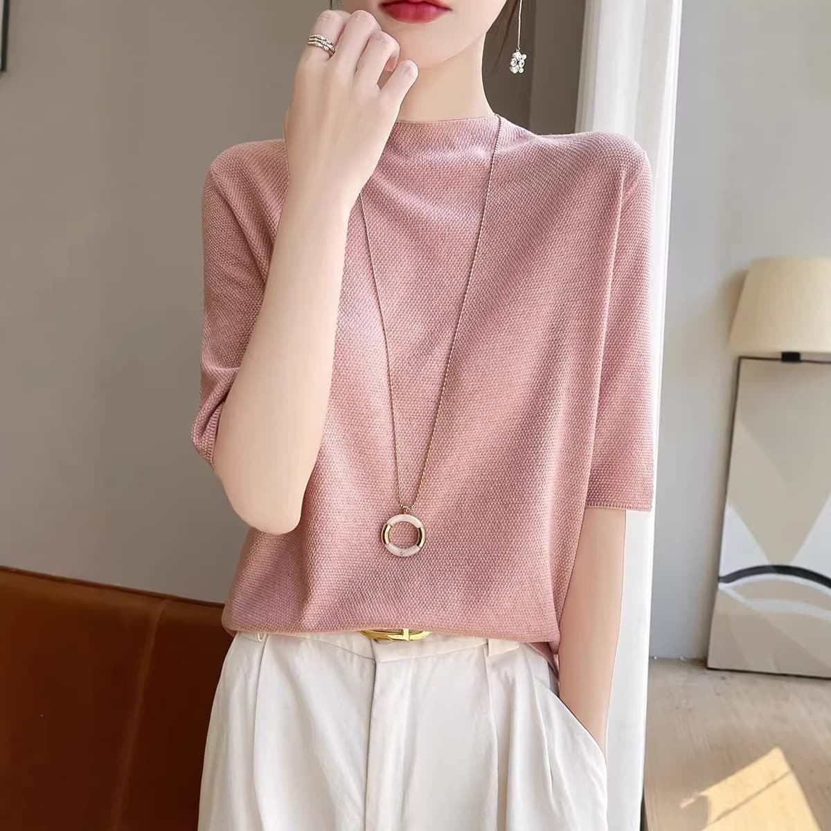 Lazy Style Thin Wool Knit Sweater for Women, Half-Turtleneck T-Shirt, Soft and Comfortable Knitwear, Slim Fit Top, Wholesale