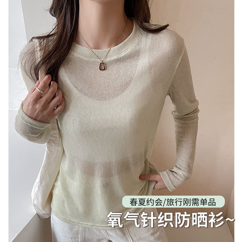 Women's Summer Korean Lazy Style Sheer Round Neck Sun Protection Cover-up T-Shirt, Hollow Thin Long-Sleeved Air Conditioning Top