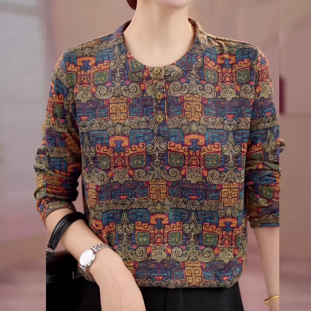 Autumn New Full Print Long Sleeve Mom Outfit Youthful Loose Large Size Round Neck Base Layer Mid-Age and Elderly Women's Top #9164