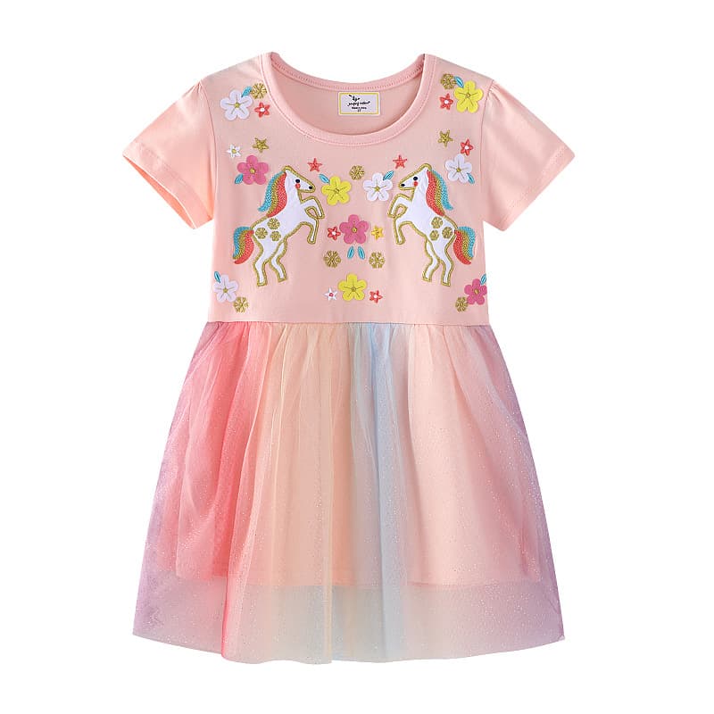 Girls' Short Sleeve Knitted Dress European Style Spring Summer Children's Clothing Princess Skirt Soft Cotton Mesh Lining