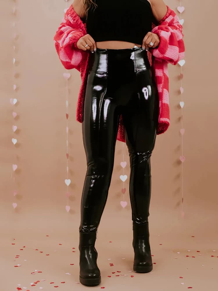 Black Glossy PU Leather Leggings for Women, High Waist Skinny Pants, Sexy Cross-Border European and American Plus Size Women's Clothing