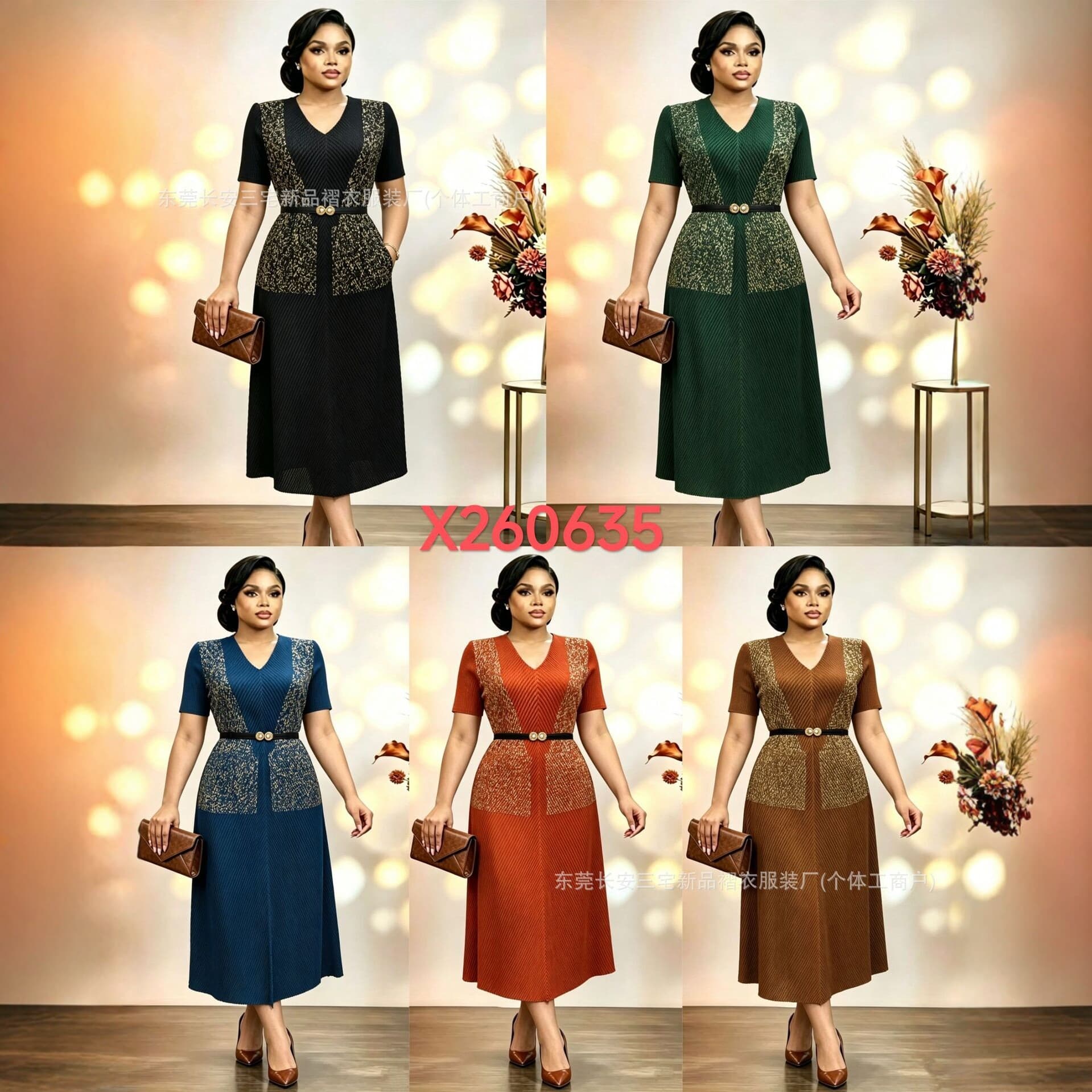 Miyake Pleated Plus Size Dress V-Neck Color-Block Waist Midi Dress Elegant New for Women