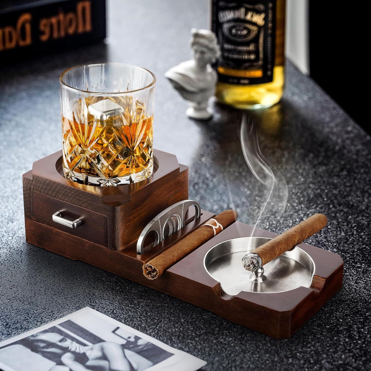 Wooden Cigar Ashtray with Drawer Whiskey Glass Holder Steel Groove Customizable Size Single Side Structure for Home And Garden
