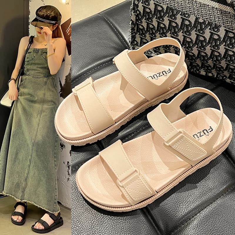 Trendy Velcro Sandals for Women Summer 2024 New Style Student Comfortable Korean Flat Roman One-Strap Sandals