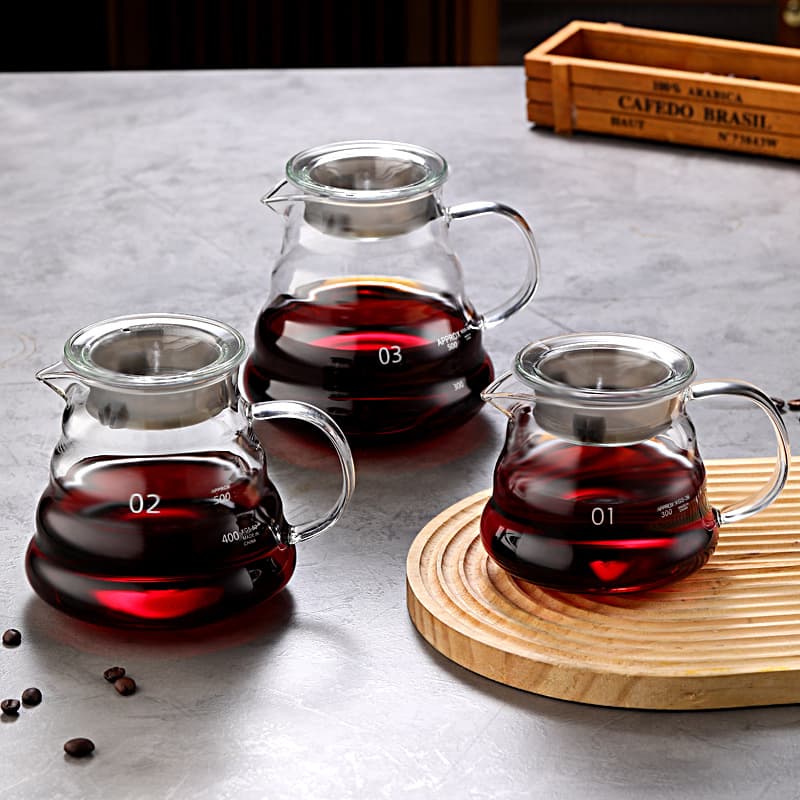 Supply of high borosilicate glass coffee pour-over sharing pot drip filter set for home use, including Moka pot and cold brew pot.
