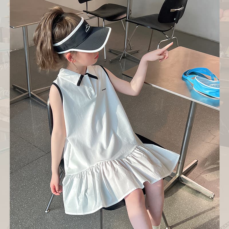 Girls' Sporty Sleeveless Dress, Stylish White Vest Dress for Children, Long Dress for Older Kids, 2025 Summer New Arrival
