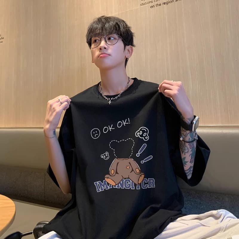 100% Pure Cotton 260g Youth Short Sleeve T-Shirt Men's American Cartoon Anime Loose T-Shirt Half Sleeve Student