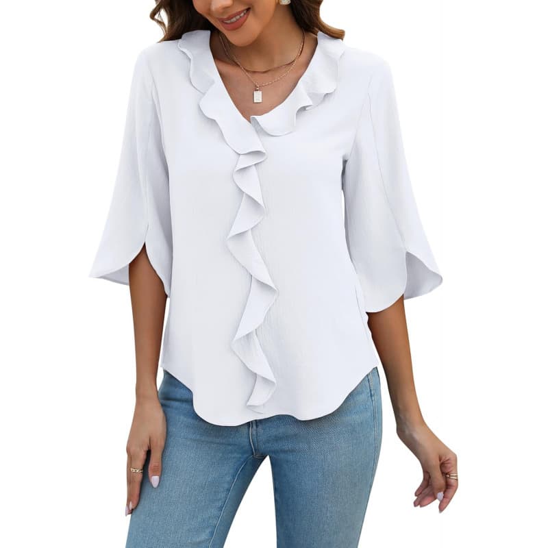 Women's Dressy Casual Blouses 3/4 Sleeve V-Neck Ruffle Tops Business