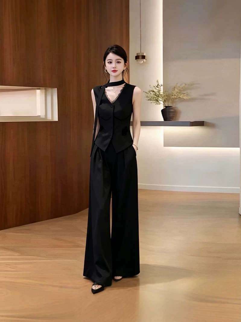 Korean temperament professional sleeveless suit for women summer slim casual short vest top wide leg pants two-piece trendy set