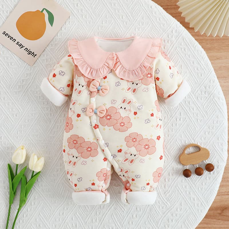 Baby Autumn Winter Romper Pink Cute Doll Collar Girl Clothes Winter Thickened Outwear Cotton Padded Crawling Suit