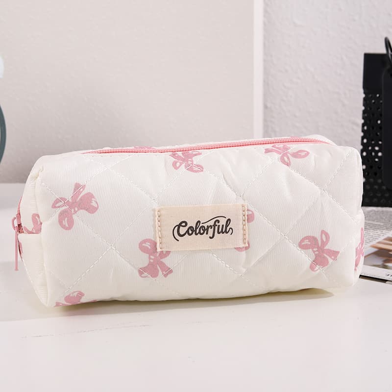 Grid Bow Cosmetic Bag Pencil Case Cute Large Capacity Student Stationery Storage Pouch for Girls