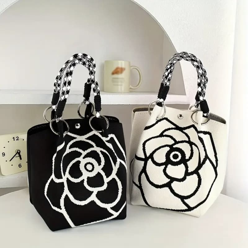 Amazon eBay Retro Camellia Flower Large Capacity Knitted Bucket Bag, Versatile Casual Tote Handbag