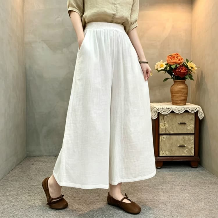 Loose and Comfortable White Cotton Linen Wide-Leg Pants for Middle-Aged Women, Slimming and Versatile Casual Cropped Pants