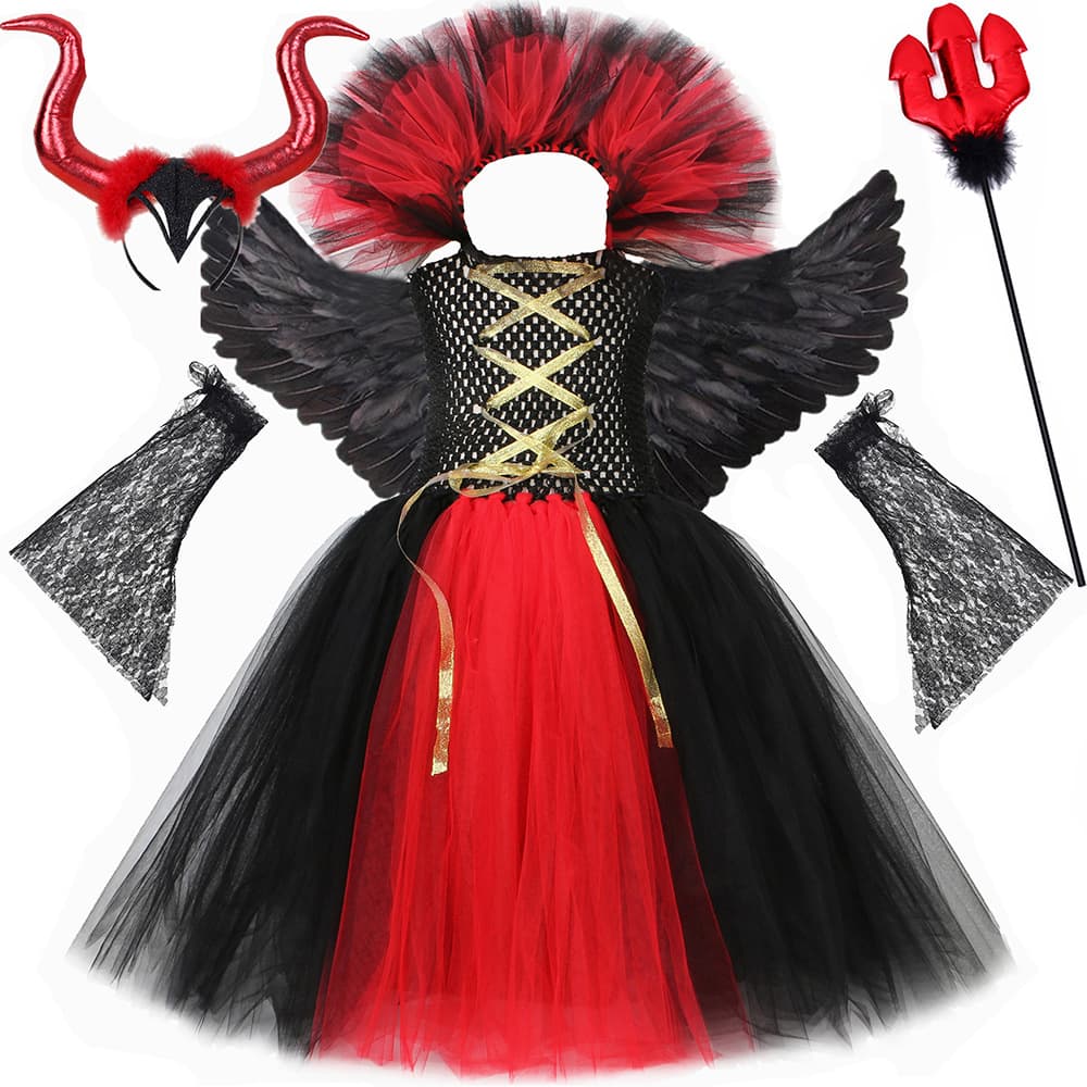 Children's Halloween Costume Vampire Performance Outfit Scary Demon Role Play Girls Mesh Tutu Dress