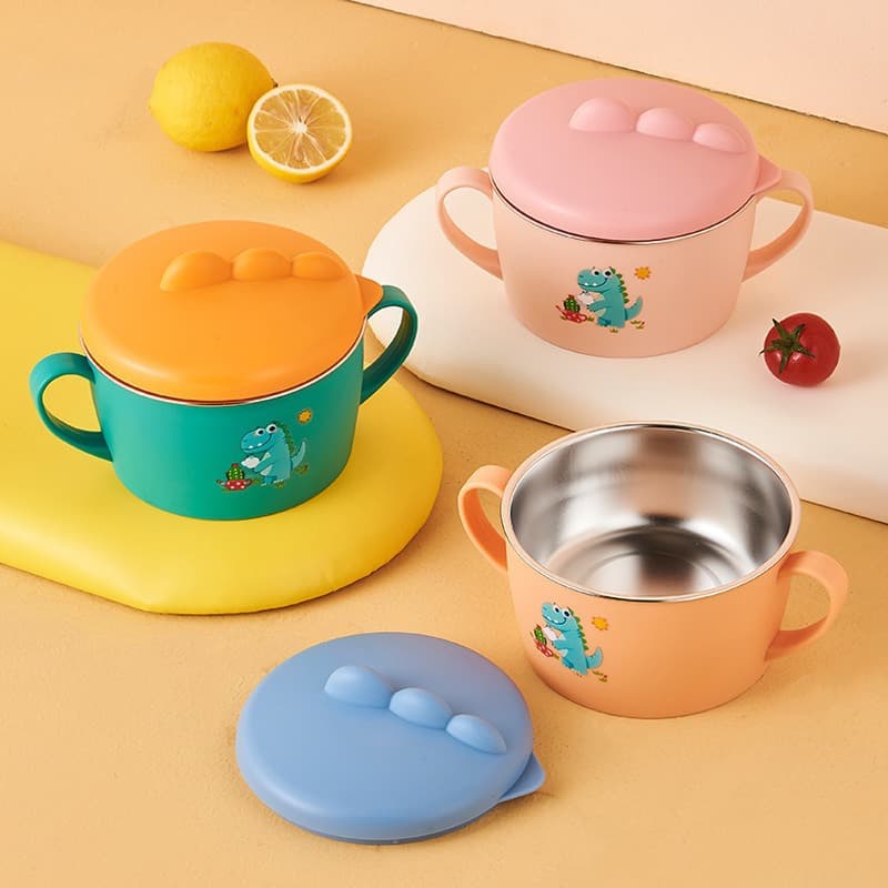 Creative new primary school student soup bowl, children's stainless steel bowl, tableware, baby binaural bowl set, rice bowl with handle cup