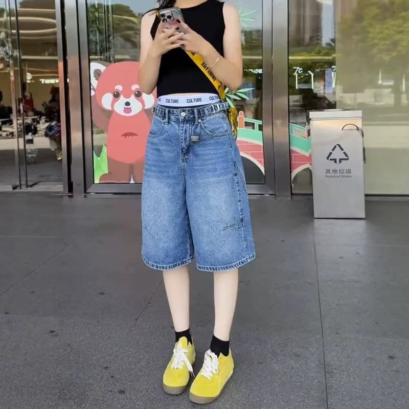 American Retro Plus-Size High-Waist Jeans for Women, Summer Thin New for Curvy Women Slimming Casual Loose 7/4 Length Cotton Pants