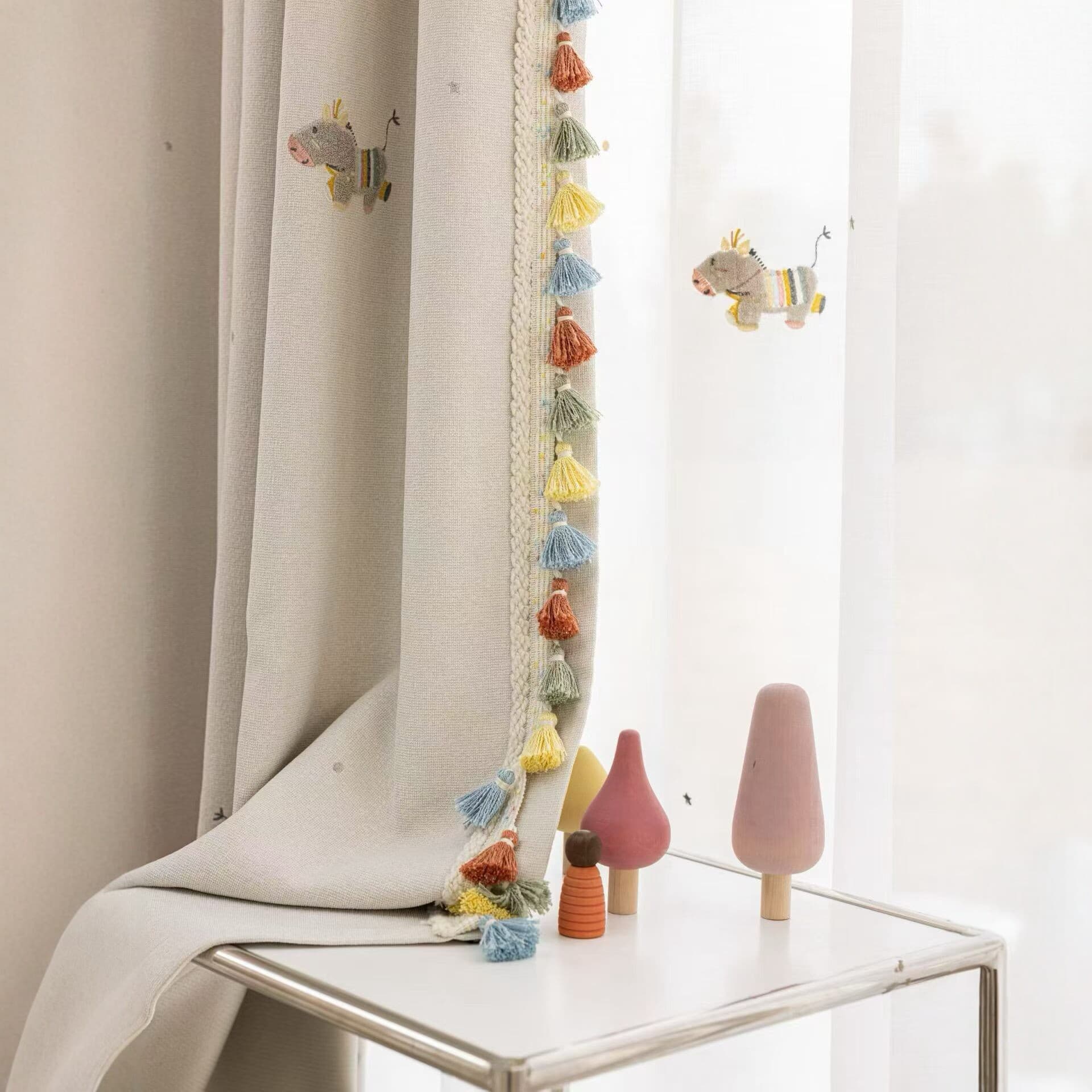 Cream style children's room curtains cartoon embroidered double-layer blackout gauze curtains customized bedroom bay window cotton and linen fabric curtains