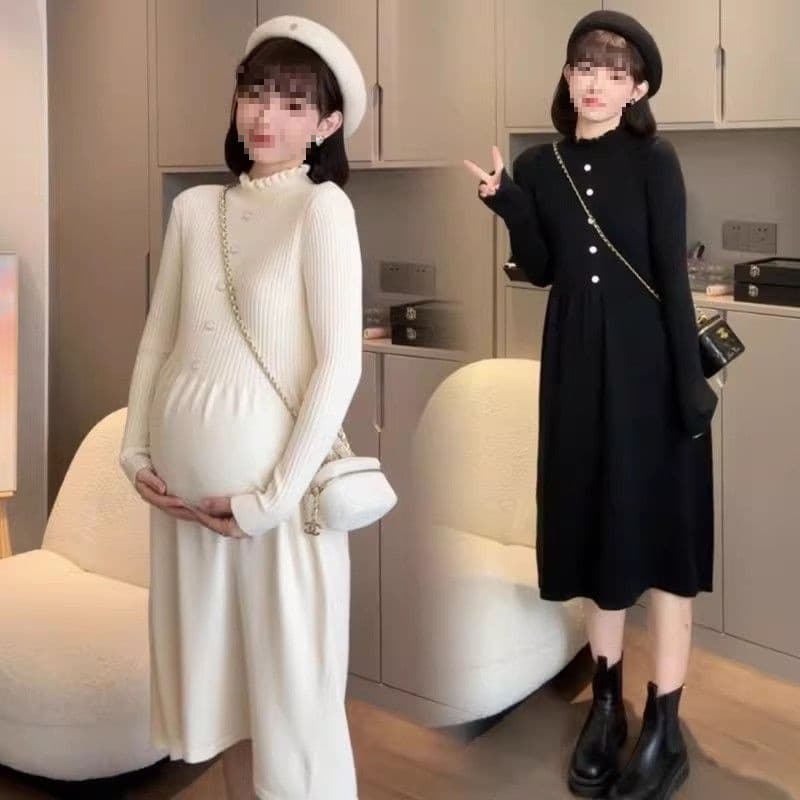 New autumn/winter style maternity sweater dress with lace collar, a sophisticated and elegant knitted dress perfect for layering during the fall and winter.