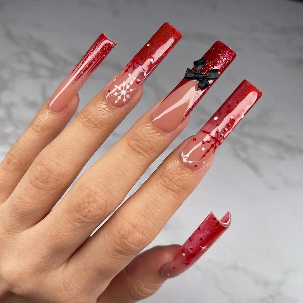 Snowflake Gradient Christmas Press-On Nails Cross-Border European American 3D Bow Nail Art Fake Nails