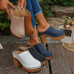 French Lazy Style Hollow Thick Sole Mule Sandals Chunky Heel Breathable Everyday Women's Shoes Commuter Casual Style