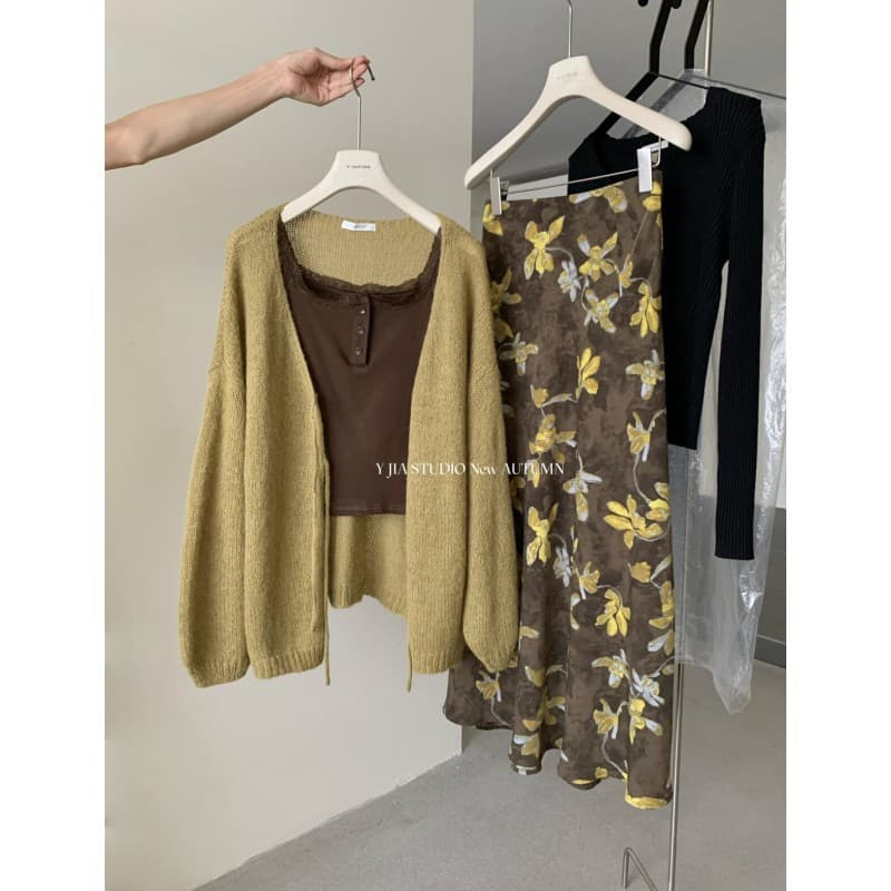 2026 Spring Korean Casual Knit Cardigan + Slimming Lace Vest + Elegant Floral Midi Skirt Set