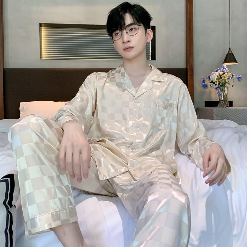 Spring Autumn Silk Sleepwear Men's Long Sleeve Two-Piece Set Teenage Home Clothes Plaid Wearable Outdoor Casual Polyester Fiber